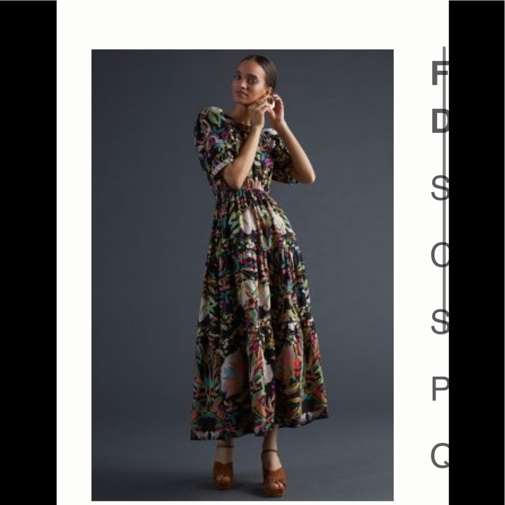 Floral Puff-Sleeve Tiered Maxi Dress - Black Multi ( Anthropologie)